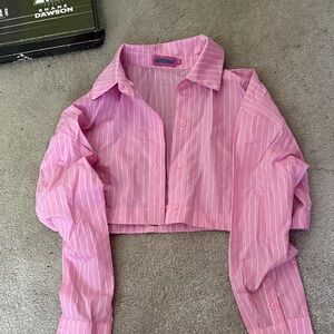 Edikted Pink and White cropped Striped Button-Up Shirt